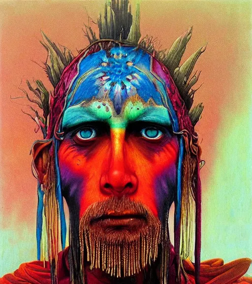 Image similar to Portrait painting in a style of Beksinski mixed with Alex Grey of an old shaman dressed in a colorful traditional clothes. Symmetry