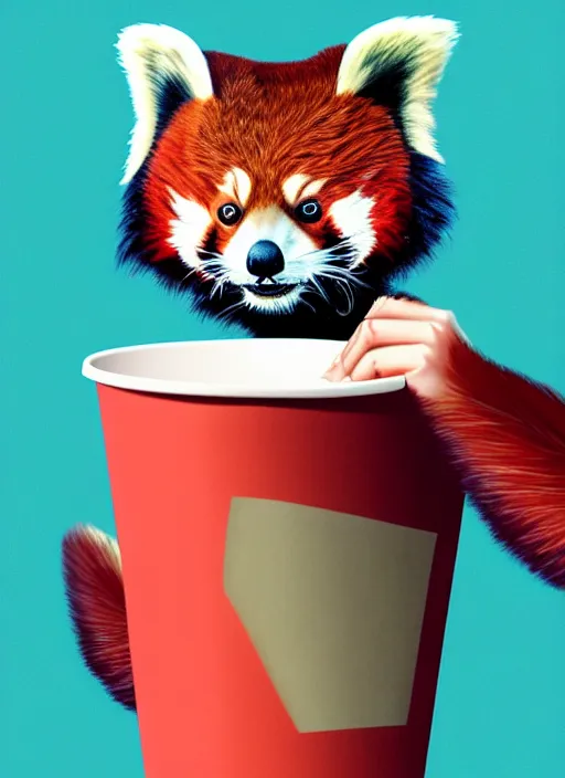 Image similar to red panda, paper cup, red hair young pale girl, fantasy, surreal, highly detailed, digital painting, artstation, concept art, illustration, art by patrick james woodroffe