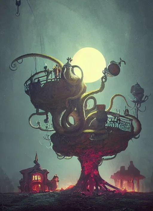 Image similar to giant tentacles in burning vapor glowing mansion dramatic lighting desolate landscape with a light moon in a night circus setting, artem chebokha, alexander jansson, allen williams, anja millen, simon stalenhag, adam paquette