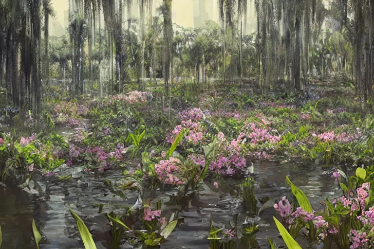 Image similar to hyperrealism, scene from louisiana swamps, starship, spring blooming flowers garden, true detective, 8 0 s japanese sci - fi books art