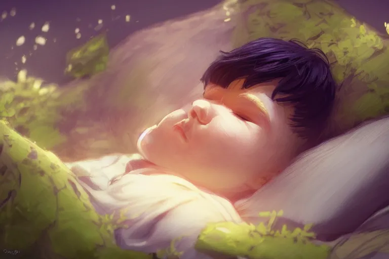 Prompt: a beautiful illustration of a little cute boy in his bed dreaming about a beautiful green forest, fantasy, intricate, epic lighting, cinematic composition, hyper realistic, 8 k resolution, unreal engine 5, by artgerm, artstation