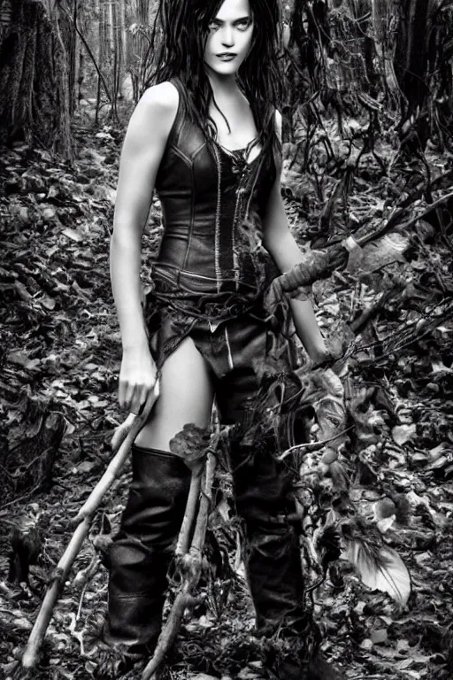 Prompt: bella from twilight as a determined dnd deep gnome druid with leather clothing and leaves and sticks in her hair, photo by annie leibovitz b&w