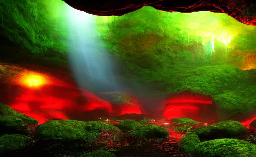 Image similar to a beautiful and stunning professional digital photo of a humongous glowing mushroom cave, haze, waterfall, volumetric lighting, hyperrealistic, red, yellow, green, blue, sunset, unreal engine 5, ultra detail