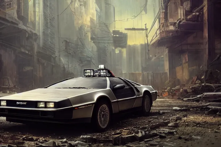 Image similar to highly detailed photograph of a delorean parked on the streets of a cyberpunk abandoned city, doors are open, by greg rutkowski and stanley artgerm and alphonse mucha, octane, sharp focus, hyperrealistic, masterpiece