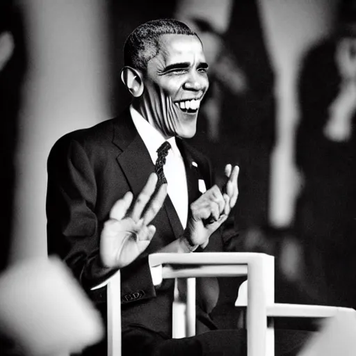 Prompt: black and white photo of a uncanny, scary, creepy Obama with sharp teeth, realistic