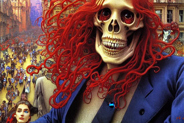 Image similar to realistic detailed closeup portrait painting of a single skeleton wearing crimson velvet blazer in a crowded futuristic moscow street by Jean Delville, Amano, Yves Tanguy, Alphonse Mucha, Ernst Haeckel, Ilya Repin, Edward Robert Hughes, Andrei Tarkovsky, Roger Dean, rich moody colours, blue eyes