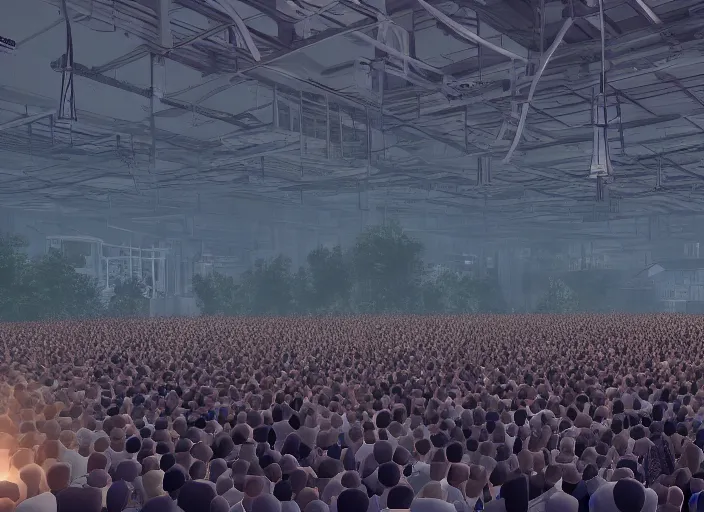 Image similar to huge crowd of small working citizens connected to a large single billionaire via catheters, DSLR 85mm, by Aleksandr Deyneka and Andrei Popov, Unreal Engine 5, Lumen, Nanite