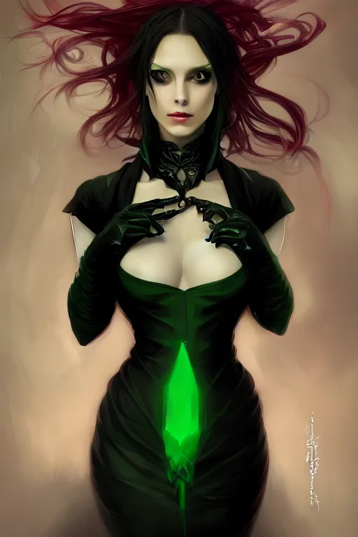 Image similar to portrait of a dark fantasy seductive female necromancer, stylish black dress, green eyes, long red hair, fantasy, elegant, intricate, full frontal shot, highly detailed, digital painting, artstation, concept art, sharp focus, illustration, art by artgerm and greg rutkowski and alphonse mucha