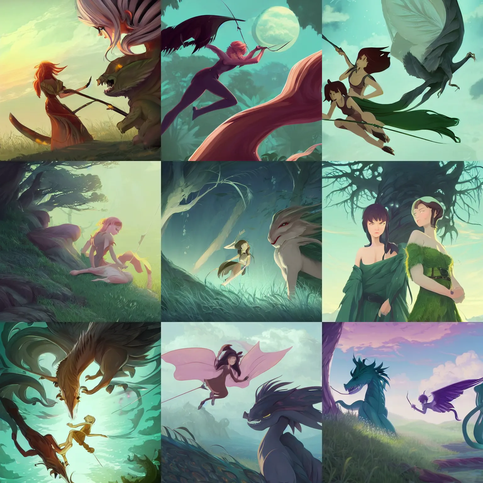 Prompt: closeup, two fantasy creatures are catched by liana, liana wrap two fantasy creatures, in a gentle green dawn light, clean cel shaded vector art. shutterstock. behance hd by lois van baarle, artgerm, helen huang, by makoto shinkai and ilya kuvshinov, rossdraws, illustration, fantasy, lordoftherings