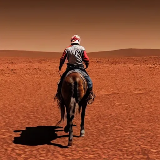 Prompt: A lone cowboy riding a horse on Mars