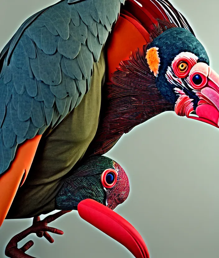 Image similar to a high resolution realistic photo portrait of a birdlike sculpture creature made of birds merged, creature wrinkles pheasant, feathers exotic morphing hoopoe, morphing wings king vulture head