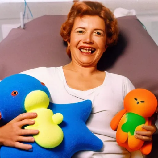 Image similar to happy woman who has given birth to a squishy inflatable toy, in hospital bed, 1974 color Fellini film, technicolor film, 16mm, wacky children's tv with anthropomorphic animal