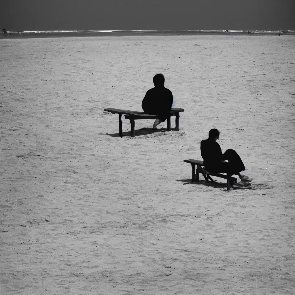 Prompt: An alone man sitting on the bench near to beach, sad, melancholy, Fujichrome Provia 100F,