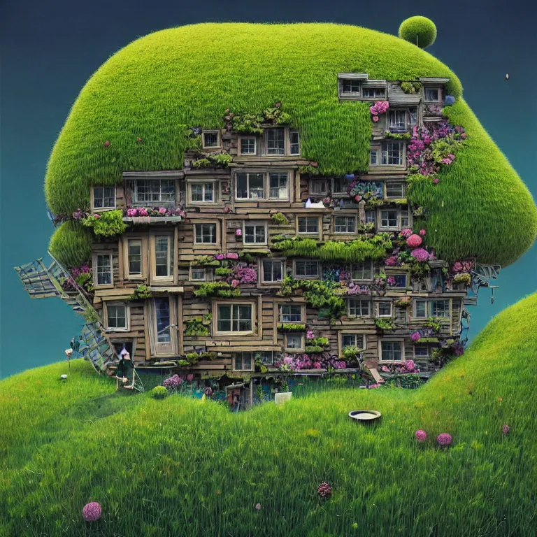 Prompt: tiny house by kengo kuma on island sea cloud surreal art by gediminas pranckevicius geof darrow jason naylor, very coherent, sharp, colorful high contrast, dark shadows, hard lighting, floralpunk flower green plants garden, inking etching screen print, hd, 8 k hyper detailed, octane render