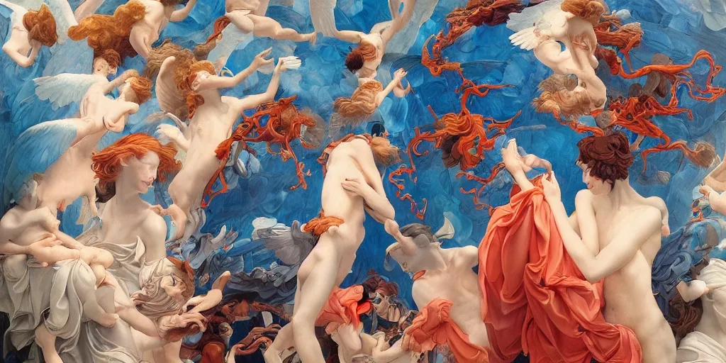 Prompt: gigantic renaissance angels painting soft light by james jean and satoshi kon and erik jones, inspired by evangelion, smooth feature, intricate oil painting, high detail illustration, sharp high detail, klein blue 1 9 9 9