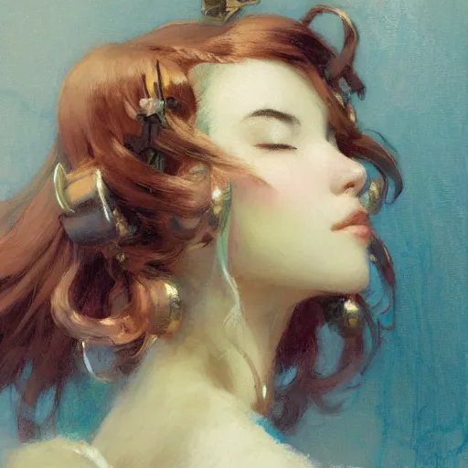 Prompt: a brightly lit high fashion studio detailed portrait of am pretty anime girl, eyes closed, brightly lit, painting by gaston bussiere, craig mullins, j. c. leyendecker