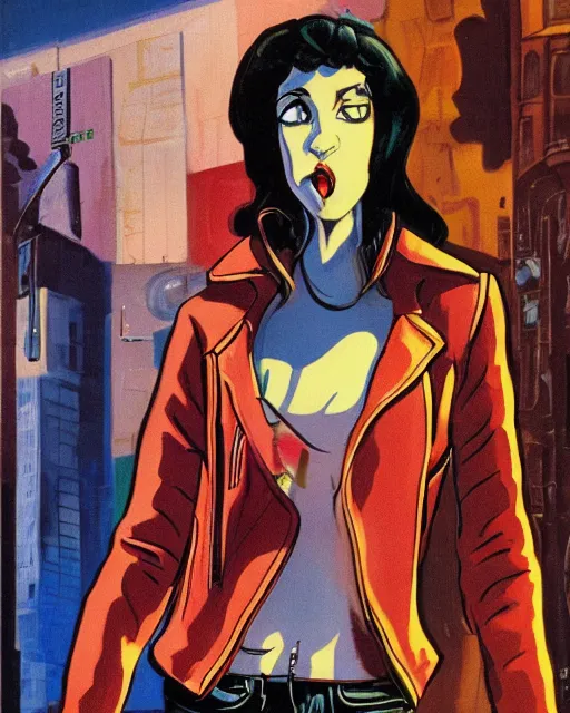 Image similar to young female protagonist in leather jacket, city street, artwork by ralph bakshi