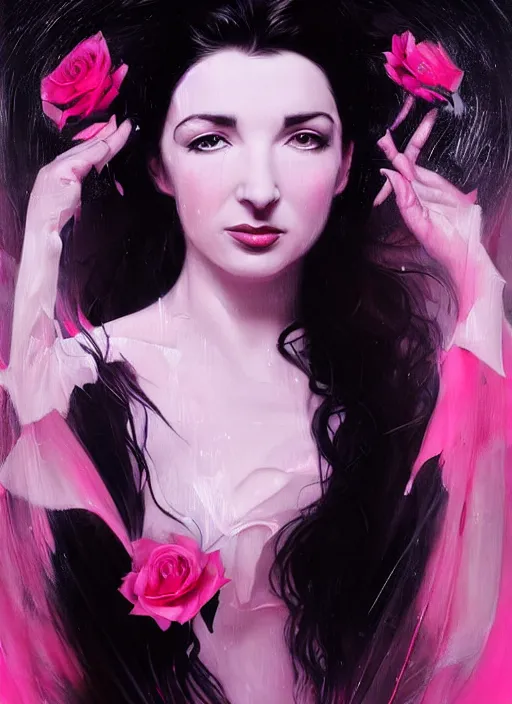 Prompt: portrait of kate bush against a neon pink background, lush black hair, pale skin, white roses, flowing material, intricate, beautiful cinematic lighting, stunning painting by artgerm, caravaggio, android jones, wadim kashin