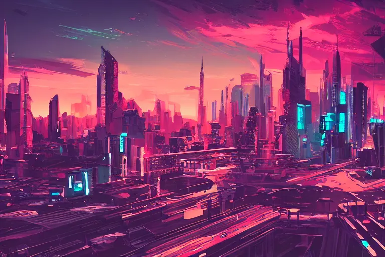 Prompt: cityscape of the future in the style of Romain Trystram, digital art, HD Wallpaper