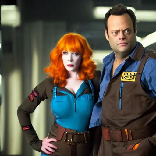 Image similar to vince vaughn as jack fenton, he is wearing an orange coveralls bodysuit with a big sci - fi gun belt, and christina hendricks as maddie fenton, she is wearing a tight teal coveralls bodysuit with a big sci - fi gun belt, movie photo, spooky netflix still shot, they are looking for ghosts