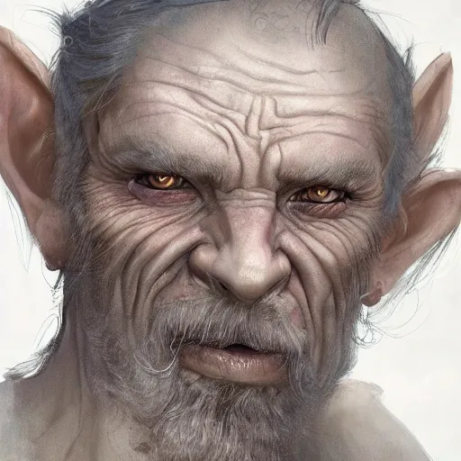 Image similar to a detailed matte head - on portrait painting of a sweet ugly old hobbit man, with a large scar and missing teeth portrait by charlie bowater, lise deharme, wlop, tending on arstation, dungeons and dragon, dnd, pathfinder, fanart, oil on canvas