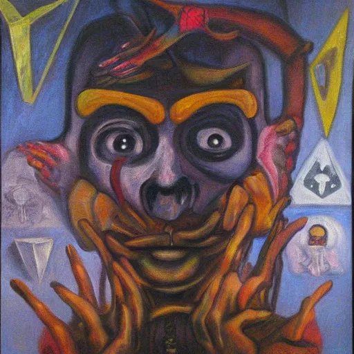 Image similar to portre of an autistic demon on acid, masonic and kabalistic symbols in background, oil painting