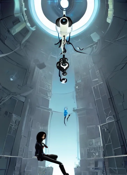 Image similar to poster artwork by Michael Whelan and Tomer Hanuka, of GLADOS from the game Portal 2, from Valve, Aperture Science, clean