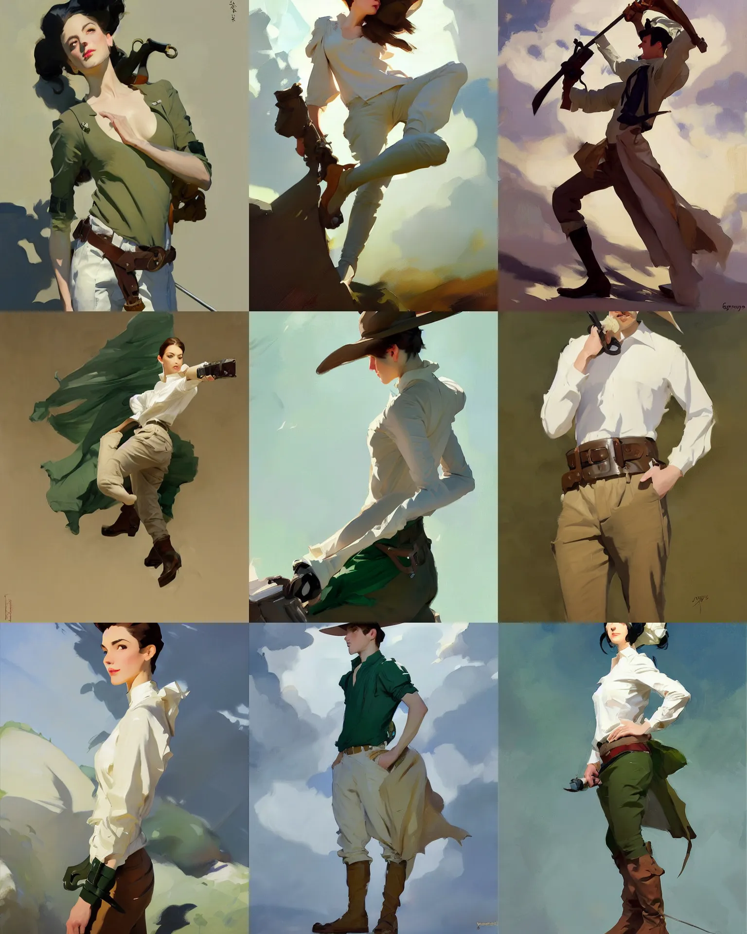 Prompt: white brown deep green cloth fabric jodhpurs greg manchess painting by sargent and leyendecker, studio ghibli, fantasy, medium shot, asymmetrical, intricate, elegant, matte painting, illustration, hearthstone, by rhads by greg rutkowski, by greg tocchini, by james gilleard, by joe fenton