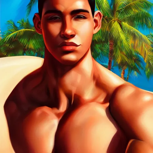 Image similar to A Buff Young Latino Male Lifeguard at the Beach, short black hair, brown eyes, slight smile, art by Artgerm, artstation