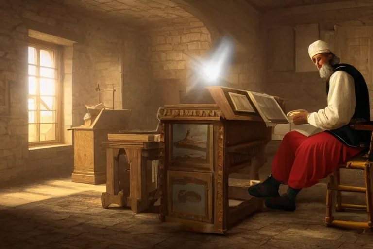 Image similar to still photo of johannes gutenberg inventing the printing press, highly detailed, photorealistic shot, bright studio setting, studio lighting, crisp quality and light reflections, unreal engine 5 quality render