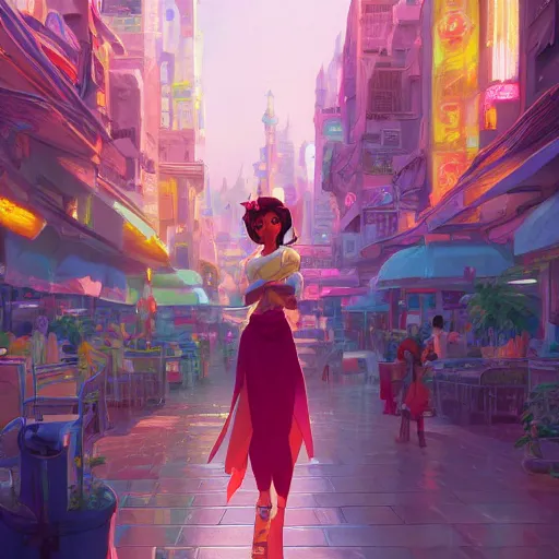 Image similar to portrait of princess tiana, middle eastern city background, rich vivid colors, ambient lighting, dynamic lighting, 4k, official media, anime key visual, makoto shinkai, ilya kuvshinov, lois van baarle, rossdraws, detailed, trending on artstation