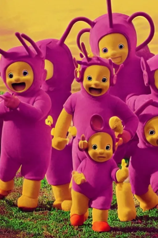 Prompt: Teletubbies gathered in a circle and evoke Satan, VHS effect, old tube TV screen, realistic materials, attention to detail, detailed depth of field, high-quality composition