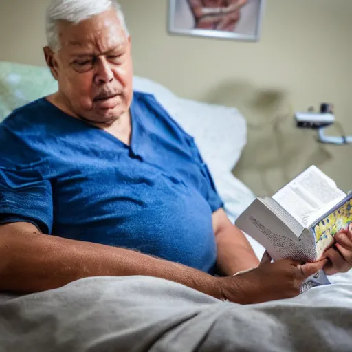 Prompt: A patient on peritoneal dialysis. He is also enjoying a book. Highly detailed 8k. Intricate. Nikon d850 300mm. Award winning photography in the style of Leibovitz