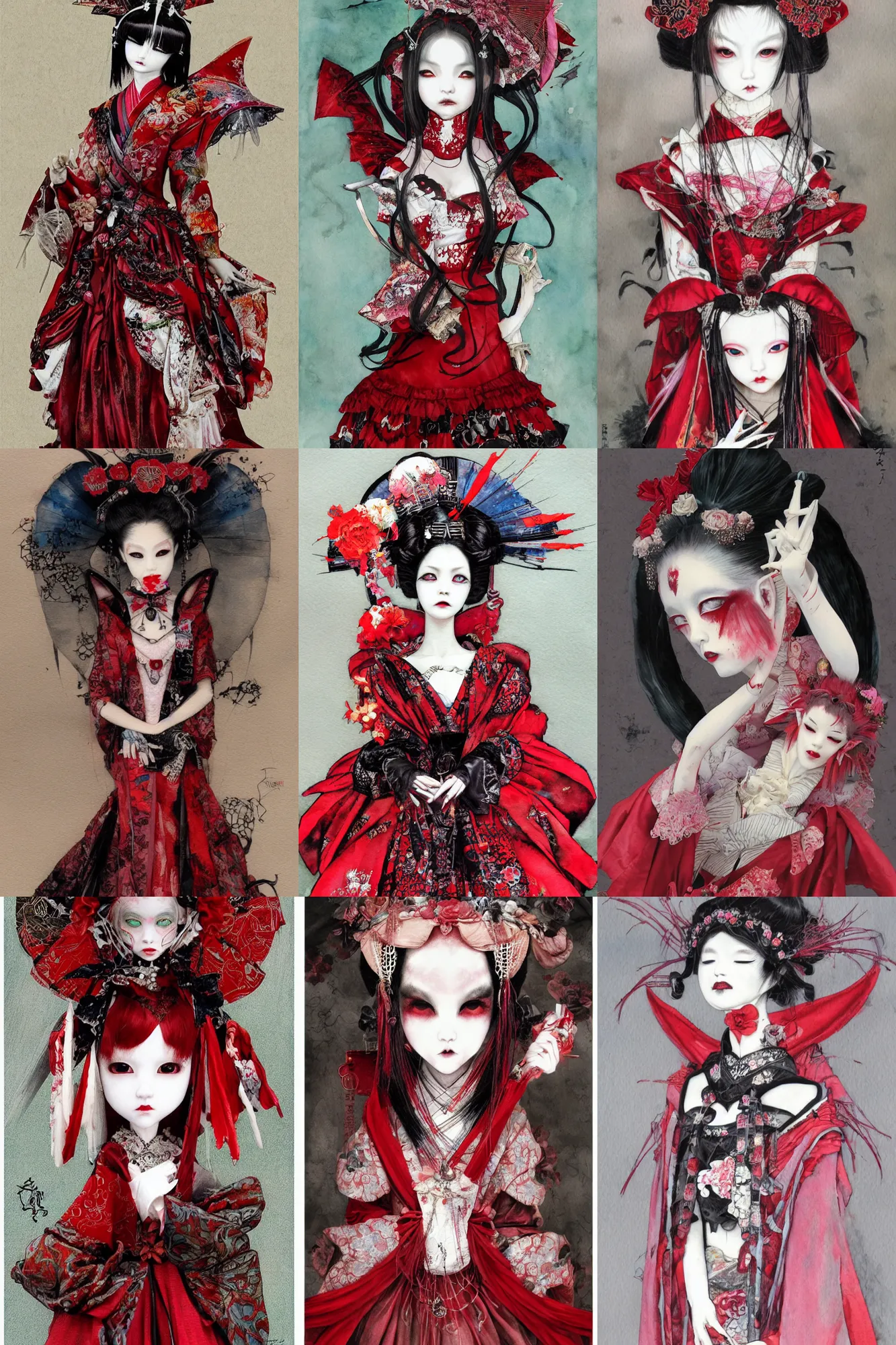 Prompt: watercolor painting of an avant - garde japanese bjd geisha vampire queen in a victorian lolita fashion red dress in the style of dark - fantasy painted by yoshitaka amano, christopher shy, ayami kojima, dmt art, symmetrical vogue face portrait, intricate detail, artstation, cgsociety, artgerm, rococo, no hands