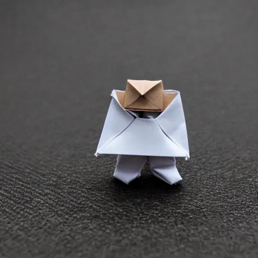 Image similar to close up photo of a small origami obese man, cinematic, shallow dof, 3 5 mm, 4 k, macro