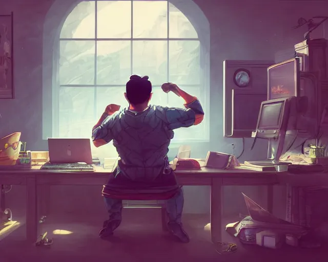 Image similar to an insanely detailed painting of a nerdy asian man wearing a superhero costume, sitting at a desk, staring at the nervously at the computer and typing, in the style of peter mohrbacher, dramatic lighting and composition, surreal background, octane render, pixar, trending on artstation, concept art, comic book, view from behind