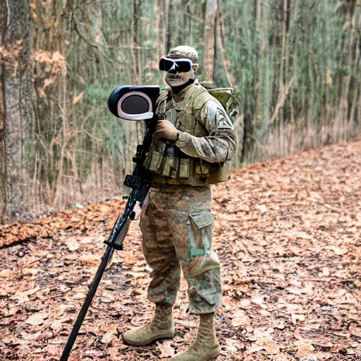 Image similar to a Fox dressed in a modern American military soldier uniform with night vision goggles, 85mm f/1.4