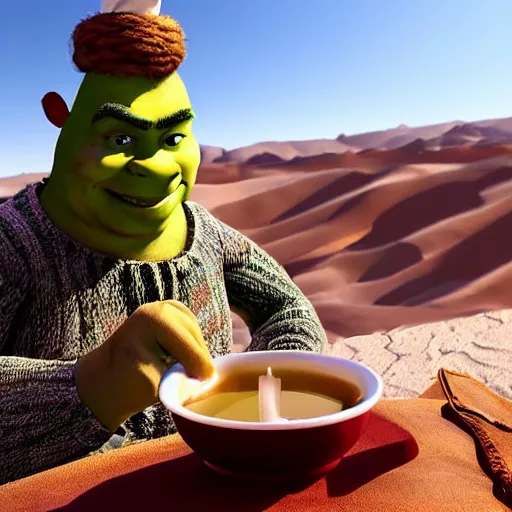 Image similar to Shrek drinking moroccan tea in the desert