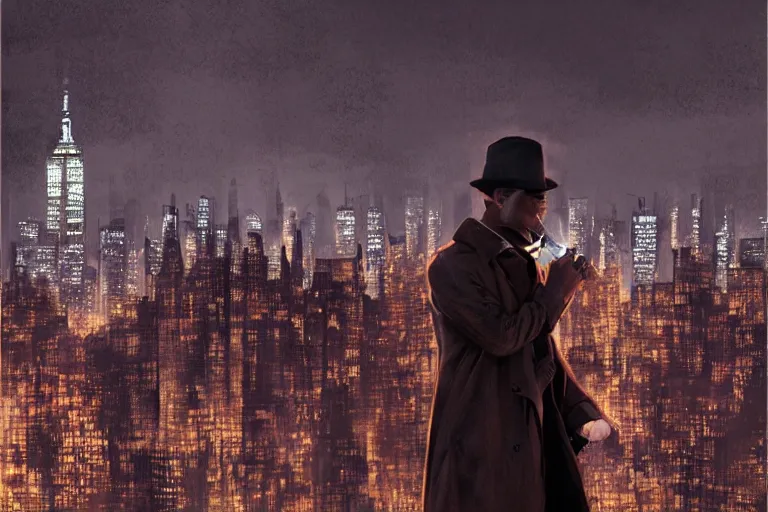 Image similar to stunningly mysterious, detective wearing a trench coat in profile smoking a sherlock holmes pipe on a perch facing the city at night, smooth, focus, highly detailed, hyper realistic, dramatic lighting, intricate, concept art, new york skyline, looking down, art by wlop, greg rutowski, artstation