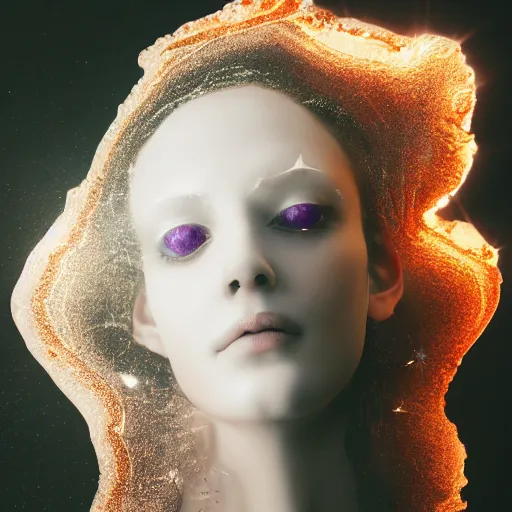 Image similar to abstract female face sculpture melting in white marble and amethyst crystals quartz, ethereal lights, fine details, film still, cinematic photoshooting, luxury, strong wind, dark mood, sad, liquid acrylic painting, optical cables, cold colors, golden filigree, lens flares, octane render