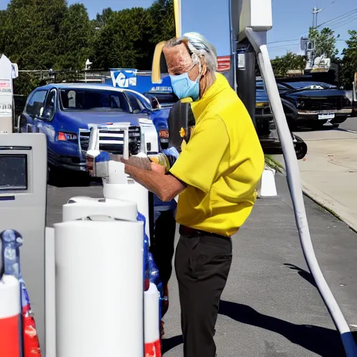 Image similar to Joe Biden raising gas prices at pump crisp detail laughing pointing people shouting with masks on