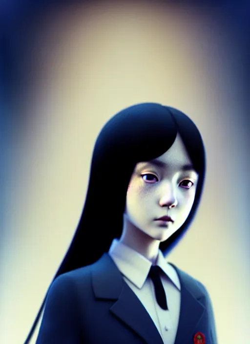 Image similar to an attractively pretty young woman with morbid thoughts wearing a Japanese-style school uniform, she is the queen of black roses, by Casey Baugh, Steve Caldwell, Gottfried Helnwein, Yasunari Ikenaga, and Range Murata, digital render, hyperrealism, 1970s Italian film lighting, 8k resolution, masterpiece work.