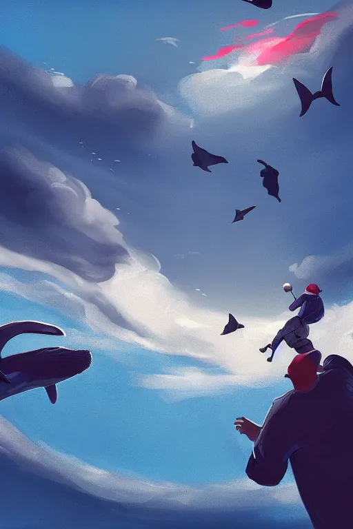 Image similar to people playing baseball while whales fly in the sky, digital art, artstation trending, digital painting