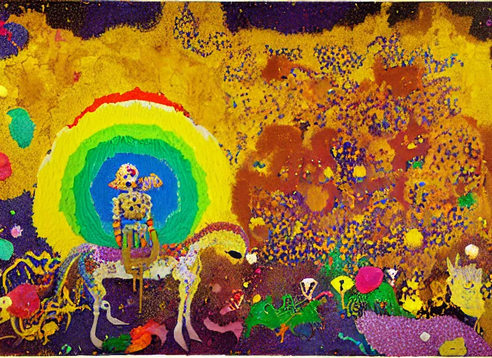 Image similar to pixel decollage painting golden armor alien zombie horseman riding on a crystal bone dragon broken rainbow diamond maggot horse in a blossoming meadow full of colorful mushrooms and golden foil toad blobs in a golden sunset, distant forest horizon, painted by Mark Rothko, Helen Frankenthaler, Danny Fox and Hilma af Klint, pixelated, neo expressionism, semi naive, pastel colors, cinematic, color field painting, cave painting, voxel, pop art look, outsider art, minimalistic. Bill Traylor painting, part by Philip Guston, Amano and Francis Bacon. art by Adrian Ghenie, very coherent symmetrical artwork, cinematic, hyper realism, high detail, octane render, unreal engine, Smooth gradients, depth of field, full body character drawing, extremely detailed, 8k, extreme detail, intricate detail, masterpiece