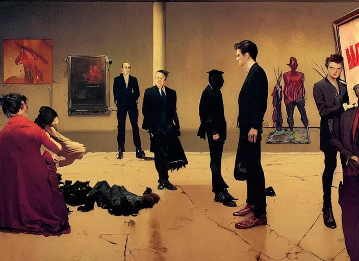 Prompt: a still from the tv series vampire diaries by francis bacon, surreal, norman rockwell and james jean, greg hildebrandt, and mark brooks, triadic color scheme, by greg rutkowski, in the style of francis bacon and syd mead and edward hopper and norman rockwell and beksinski, dark surrealism, open ceiling