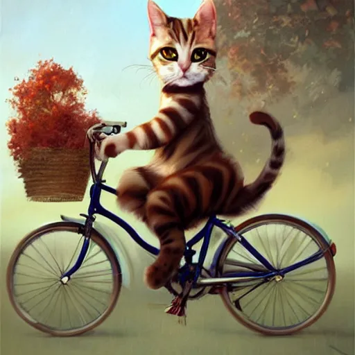 Image similar to head and shoulders masterpiece portrait of cute cat riding a bicycle, surreal background, digital art by Krenz Cushart, trending on artstation