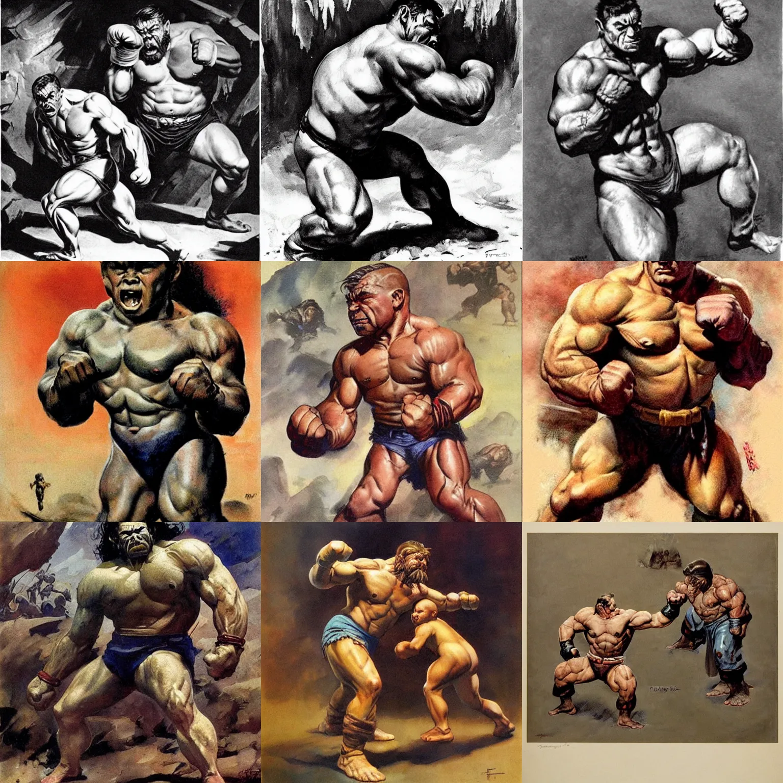 Prompt: muscular dwarf, fists on the ground, by frank frazetta