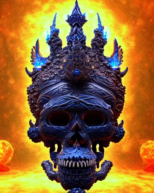 Image similar to 3 d ornate carved dark cosmic king with profile portrait, sigma 5 0 0 mm f / 5. beautiful intricate highly detailed quetzalcoatl skull. bioluminescent, plasma, lava, ice, water, wind, creature, thunderstorm! artwork by tooth wu and wlop and beeple and greg rutkowski, 8 k trending on artstation