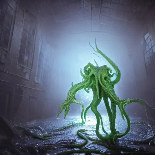 Image similar to full body pose, hyperrealistic photograph of the horror of cthulhu, dim volumetric lighting, 8 k, octane beautifully detailed render, extremely hyper detailed, intricate, epic composition, cinematic lighting, masterpiece, trending on artstation, very very detailed, stunning, hdr, smooth, sharp focus, high resolution, award, winning photo, dslr, 5 0 mm