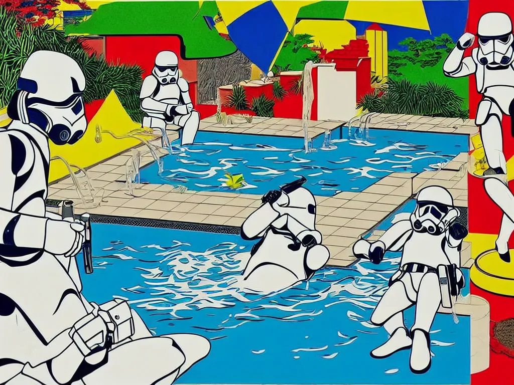 Image similar to hyperrealism composition of the japanese house with a hot springs in the garden, two detailed stormtroopers bathe in a hot spring, pop - art style, jacky tsai style, andy warhol style, roy lichtenstein style, acrylic on canvas